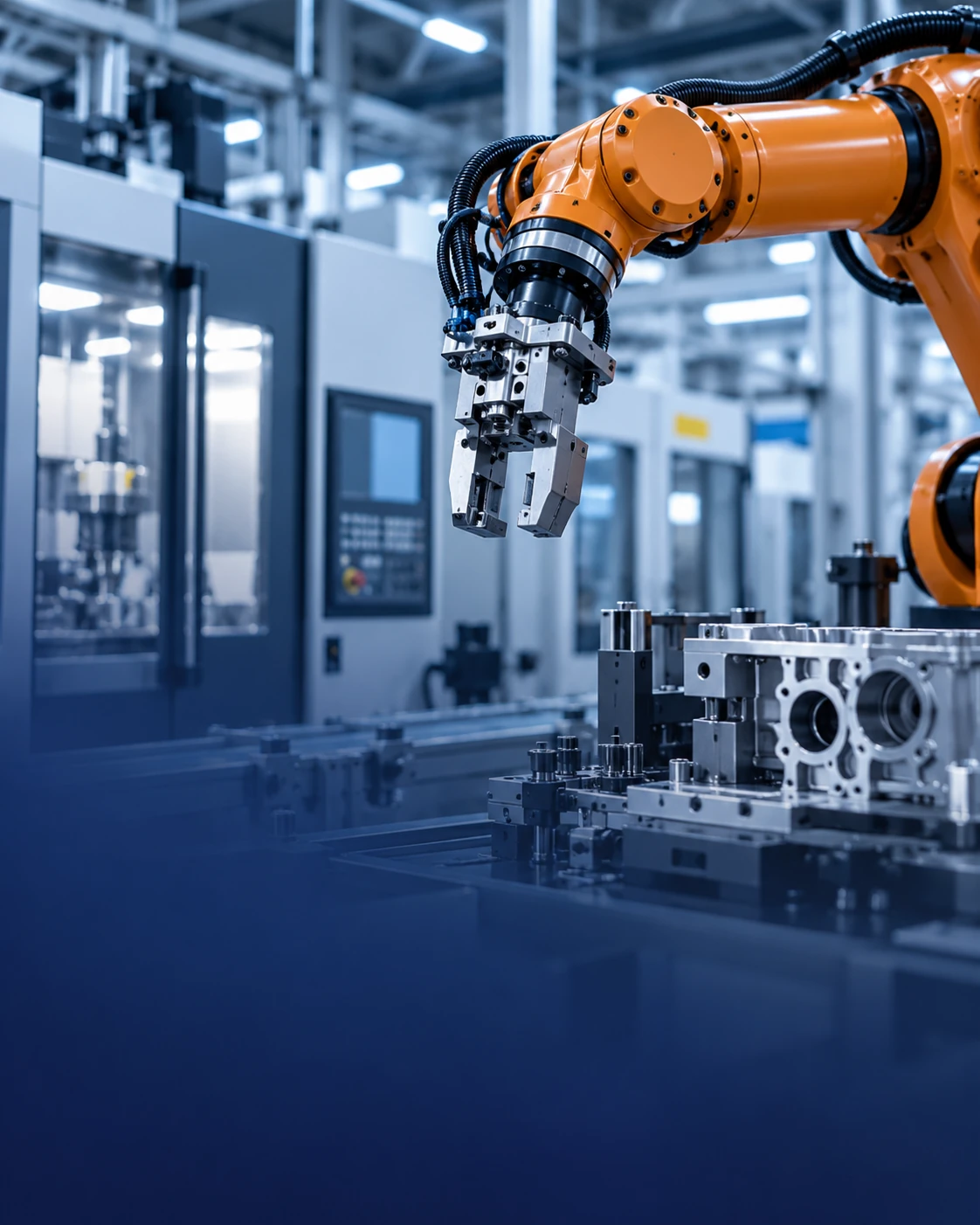 Industrial robotic arm and automated machinery in a precision manufacturing facility