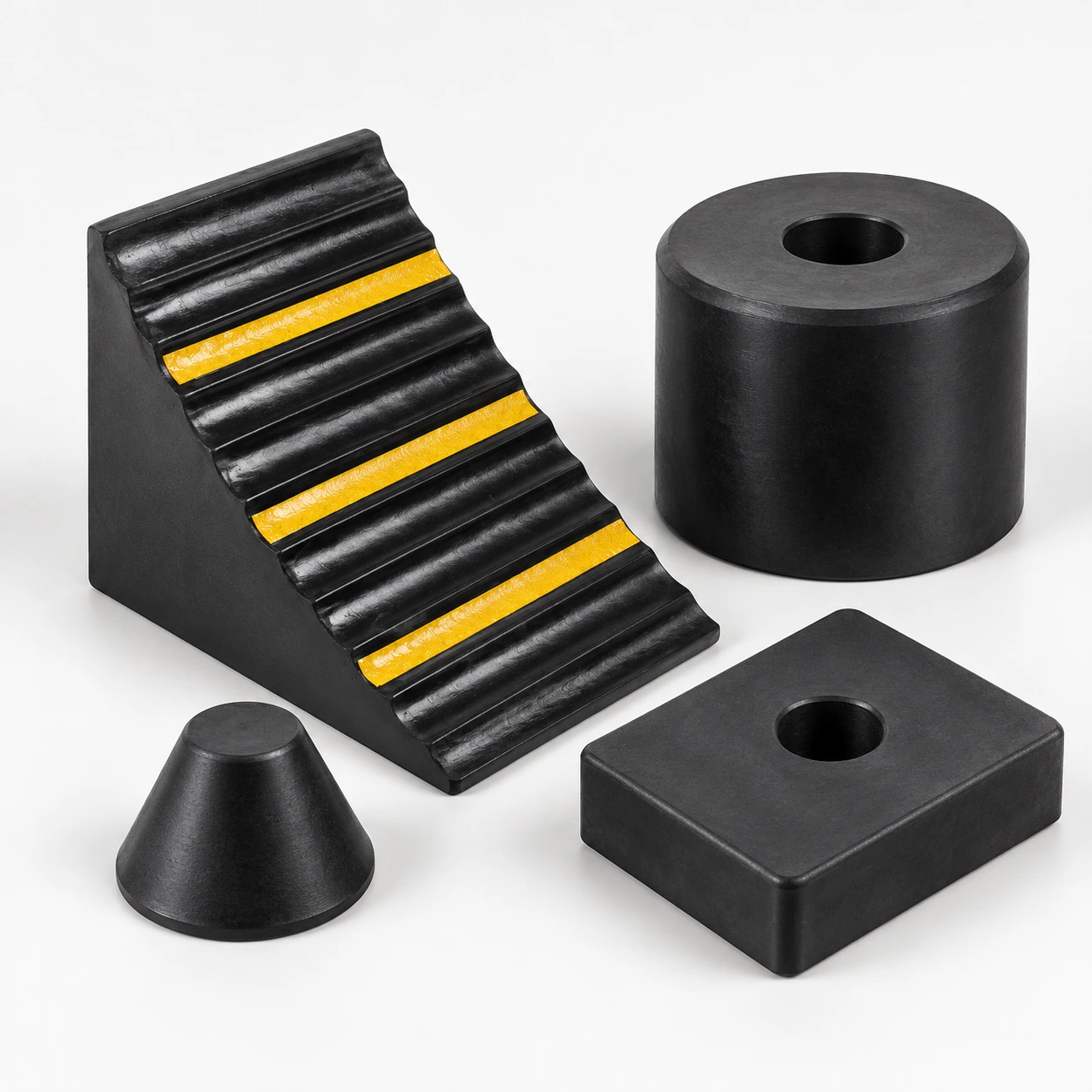 Black rubber wheel chock with yellow stripes and assorted custom molded rubber blocks