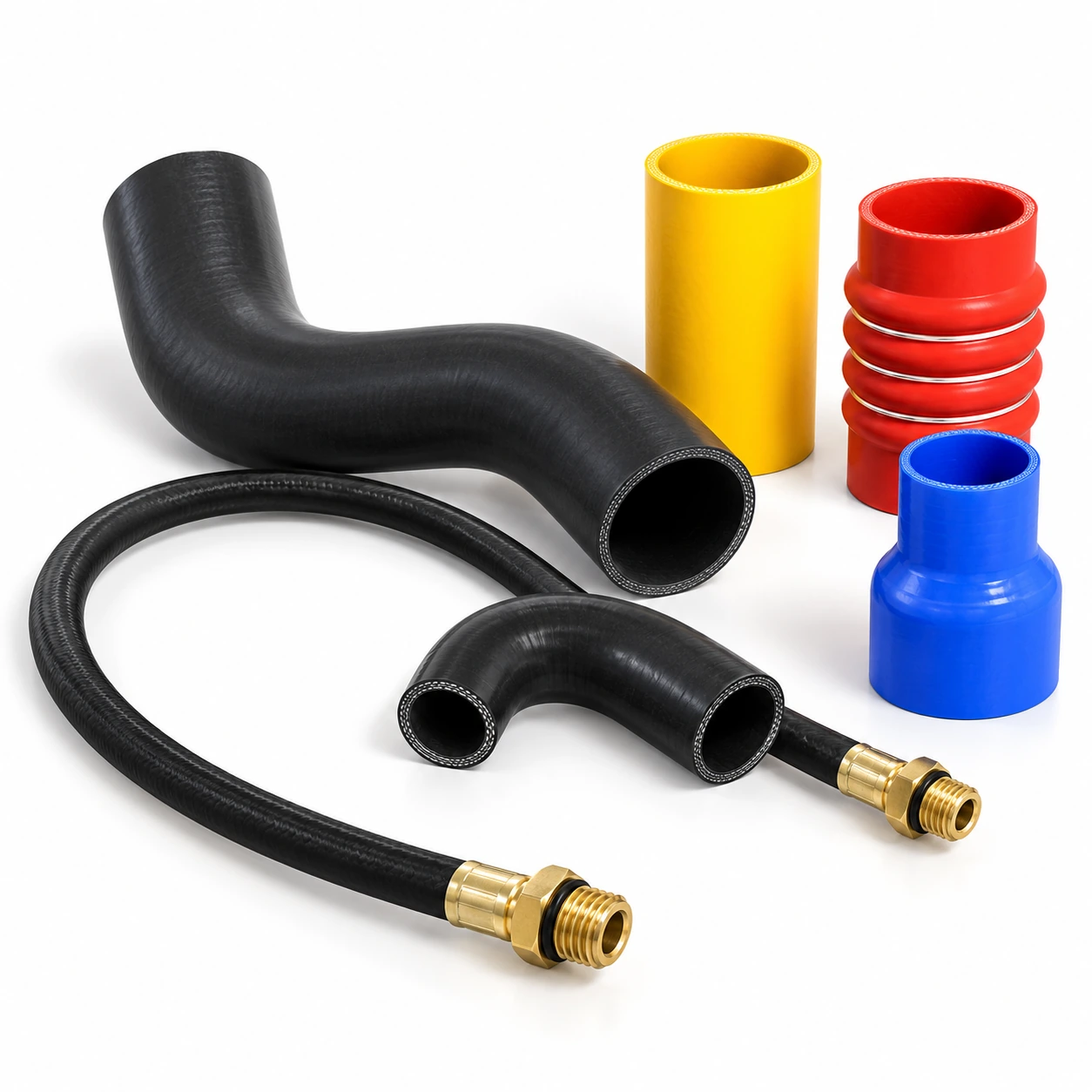 High-pressure rubber hose with threaded fittings, molded rubber hose bends and colored silicone connectors