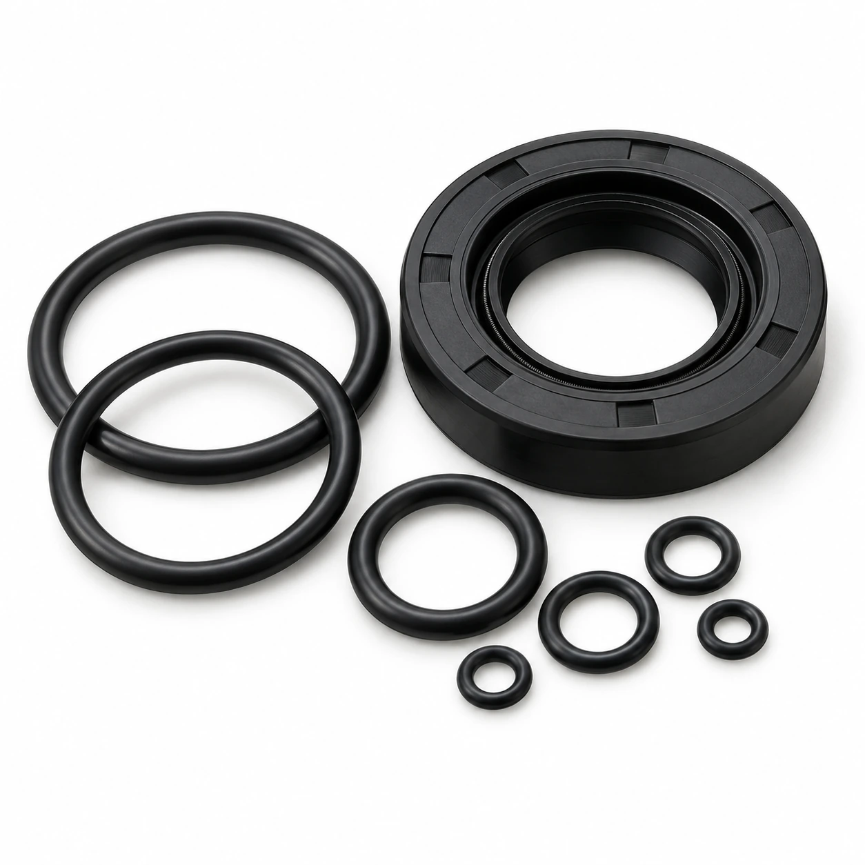 Black rubber O-rings in multiple sizes alongside a rotary shaft oil seal