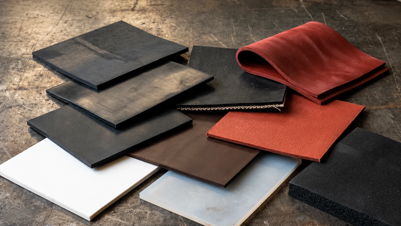 Assorted rubber and elastomer sheet samples in black, grey, white and red, showing different colors, thicknesses and surface textures.