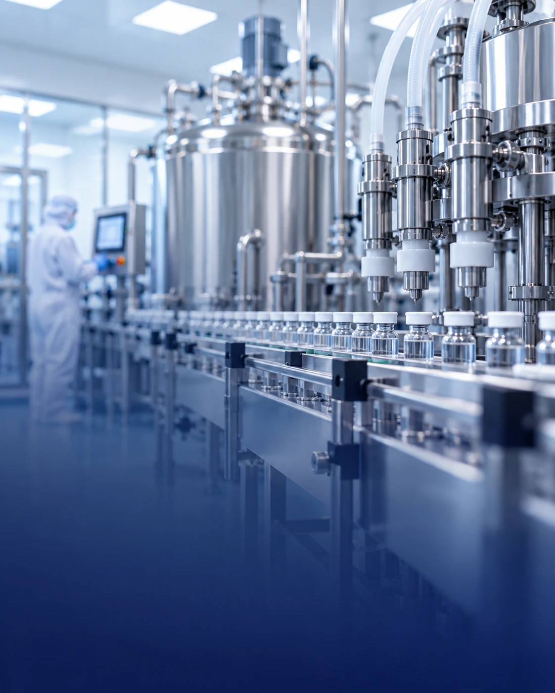 Pharmaceutical production equipment and automated vial filling line in a clean manufacturing facility