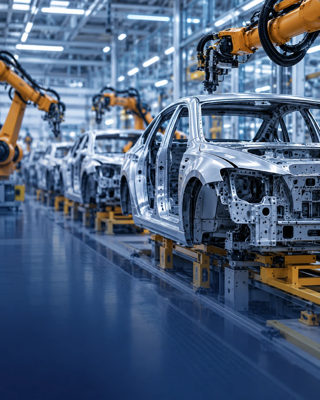 Automotive assembly line with industrial robotic arms and vehicle bodies
