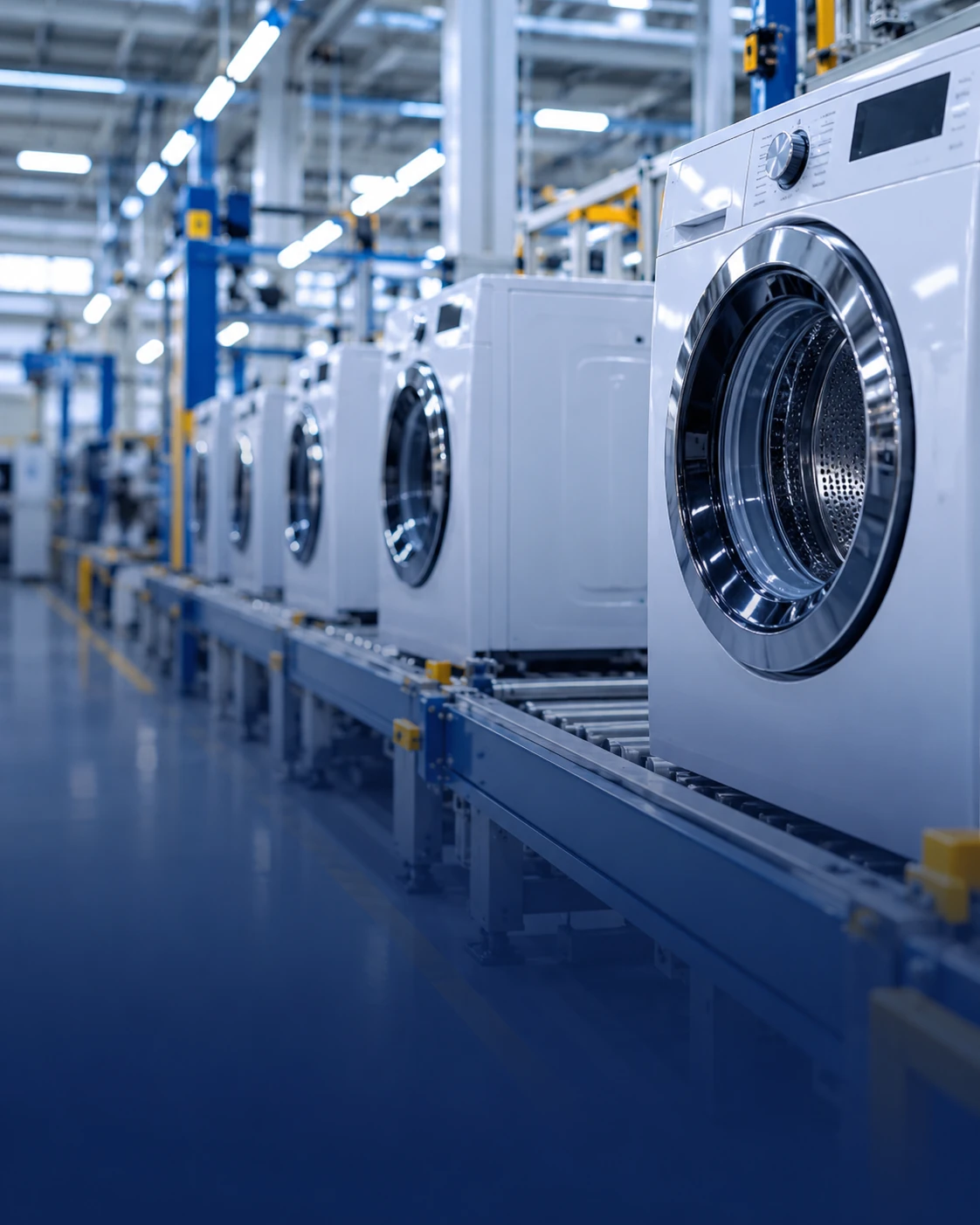 Front-loading washing machines on an automated home appliance production line